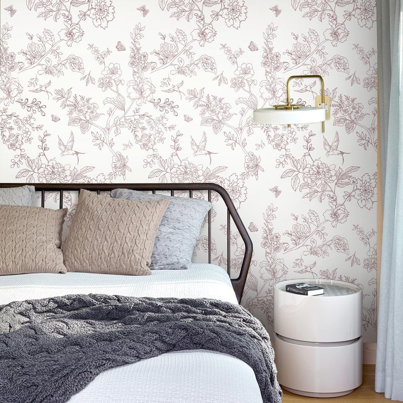 Froluya Red and White Floral Peel and Stick Wallpaper 16.9"x196.8" Vintage Floral Contact Paper Peel and Stick Bird Flower Wallpaper Self Adhesive Removable Wall Paper for Cabinets Bathroom Decorative - Image 2
