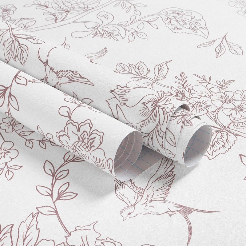 Froluya Red and White Floral Peel and Stick Wallpaper 16.9"x196.8" Vintage Floral Contact Paper Peel and Stick Bird Flower Wallpaper Self Adhesive Removable Wall Paper for Cabinets Bathroom Decorative - Image 1