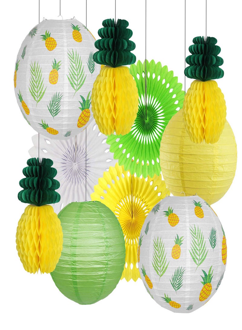 Zikra Pineapple Party Decorations, 10Pcs Hawaiian Party Supplies Tropical Leaves Hanging Paper Lanterns Pineapple Honeycomb Tissue Paper Fans for Birthday Luau Summer Party Home Decoration Party - Image 1