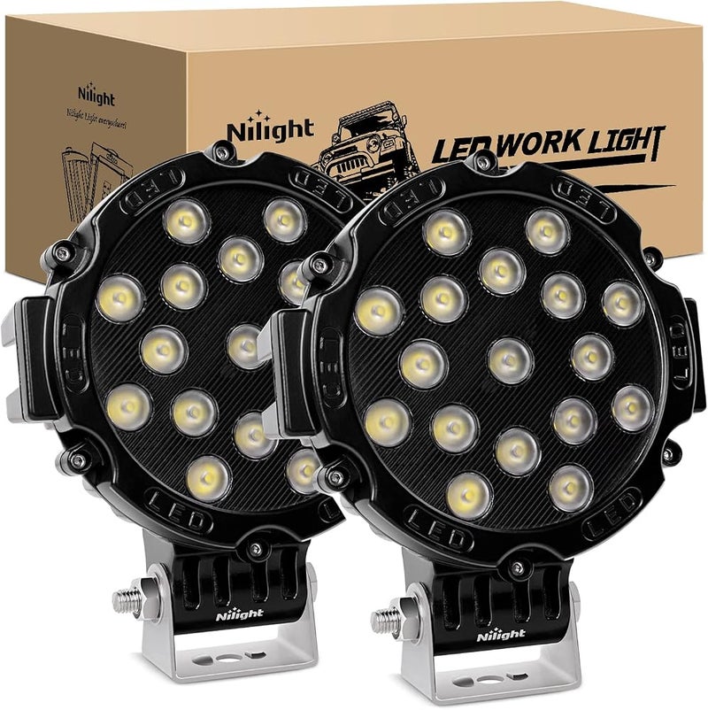 Nilight - 15023FB-B Led Light Bar 2PCS 7" 51w 5100LM Black Round Flood Light Pod Off Road Fog Driving Roof Bar Bumper for Jeep,SUV Truck, Hunters, 2 years Warranty - Image 1