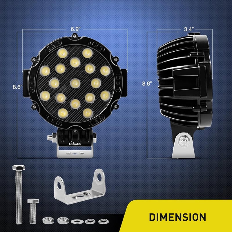 Nilight - 15023FB-B Led Light Bar 2PCS 7" 51w 5100LM Black Round Flood Light Pod Off Road Fog Driving Roof Bar Bumper for Jeep,SUV Truck, Hunters, 2 years Warranty - Image 5
