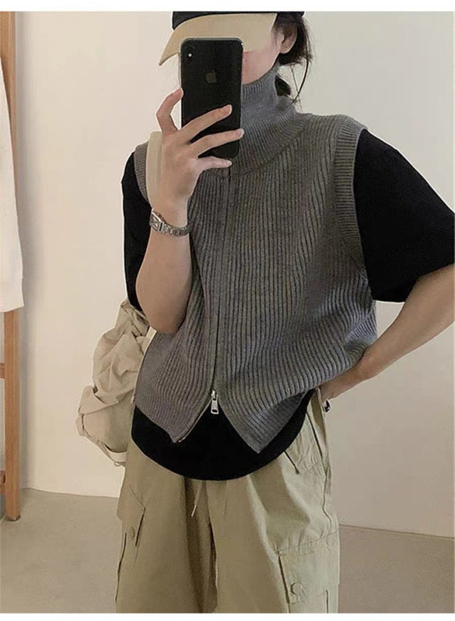 Leyuan Simple High Neck Double Zipper Autumn Winter New Lazy Fashion Sweater Vest Women's Clothing Outerwear Knitted Waistcoat Top - Image 2
