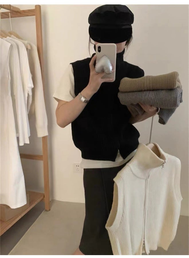 Leyuan Simple High Neck Double Zipper Autumn Winter New Lazy Fashion Sweater Vest Women's Clothing Outerwear Knitted Waistcoat Top - Image 4