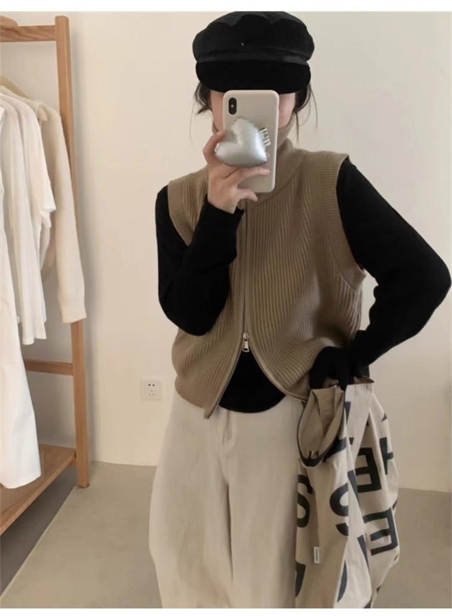 Leyuan Simple High Neck Double Zipper Autumn Winter New Lazy Fashion Sweater Vest Women's Clothing Outerwear Knitted Waistcoat Top - Image 3