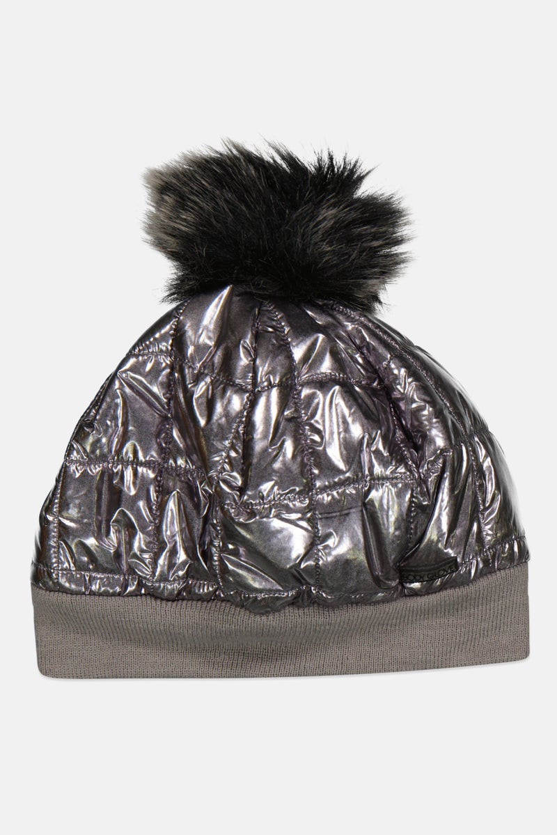 Body Glove Women Shiny Quilted Pom Pom Beanie Hat, Silver - Image 1