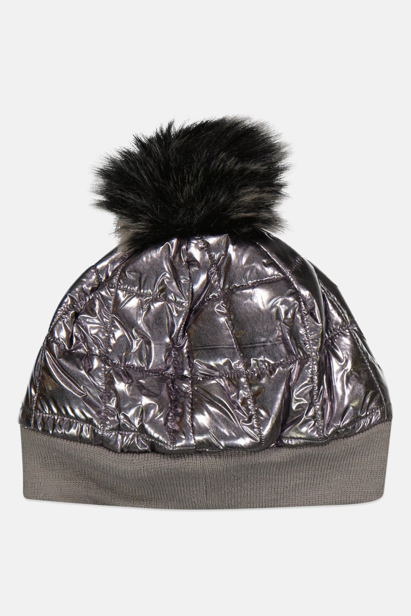 Body Glove Women Shiny Quilted Pom Pom Beanie Hat, Silver - Image 2
