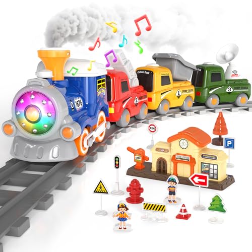 HUITEM Train Set for Toddlers Electric Magnetic Train Sets wSteam Music Lights for Kids Track Playset Christmas Birthday Gifts for 3 4 5 6 Years Old Boys Girls - Image 1