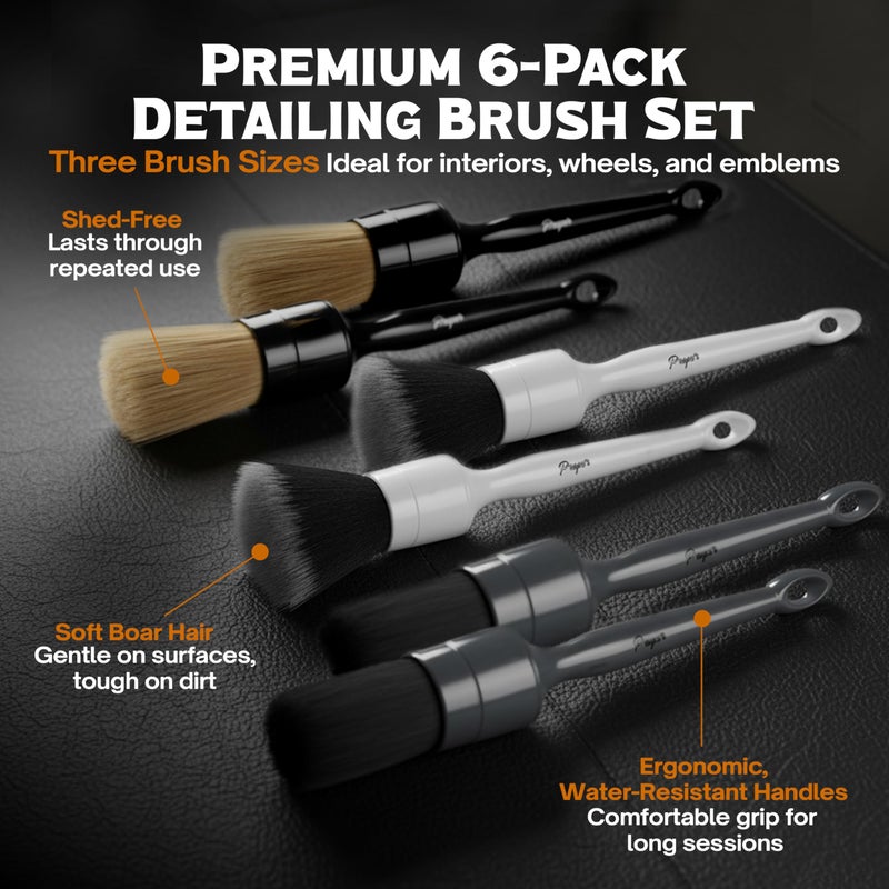 PROPER DETAILING CO. Premium Car Detailing Brush Set - Complete 6 Pack Kit - 2 Boar's Hair, 2 Ultra Soft, 2 Synthetic Bristles - Car Detail Brush for All Surfaces, Leather Seats, Air Vents, Wheels & Emblems, and More - Image 2
