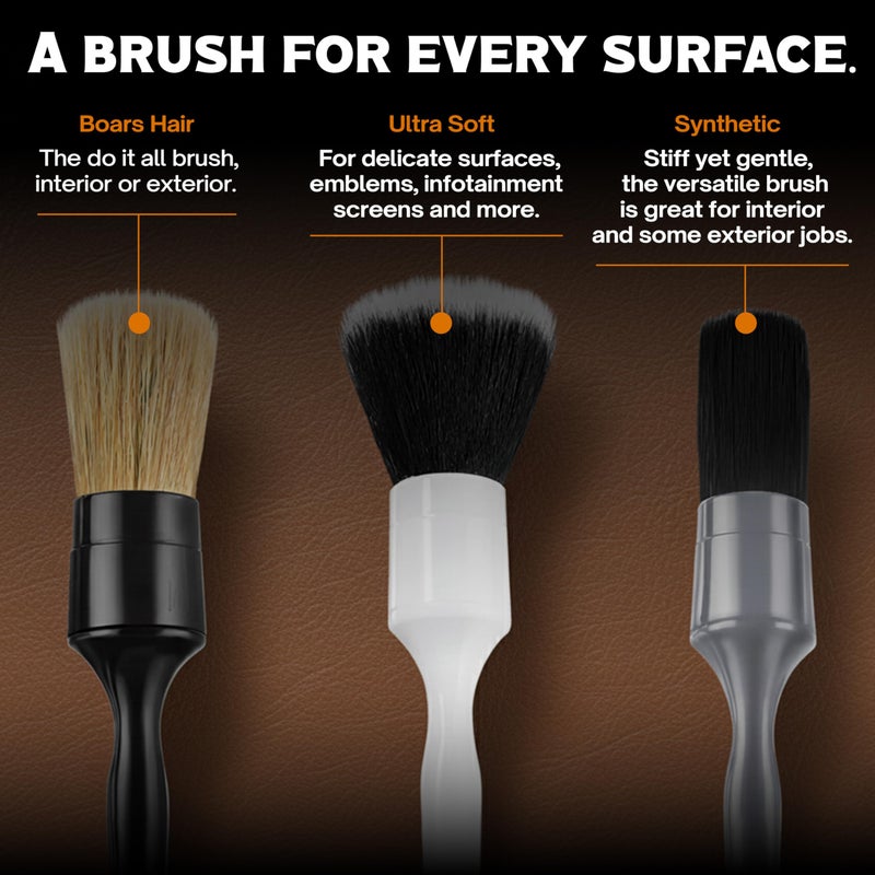 PROPER DETAILING CO. Premium Car Detailing Brush Set - Complete 6 Pack Kit - 2 Boar's Hair, 2 Ultra Soft, 2 Synthetic Bristles - Car Detail Brush for All Surfaces, Leather Seats, Air Vents, Wheels & Emblems, and More - Image 3