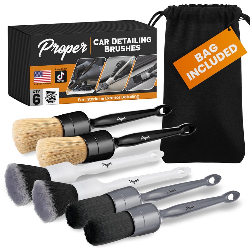 PROPER DETAILING CO. Premium Car Detailing Brush Set - Complete 6 Pack Kit - 2 Boar's Hair, 2 Ultra Soft, 2 Synthetic Bristles - Car Detail Brush for All Surfaces, Leather Seats, Air Vents, Wheels & Emblems, and More - Image 1