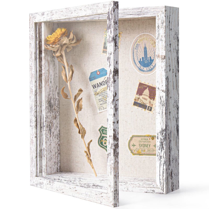 Califortree Califortree 8x10 Shadow Box Frame with Linen Back  Real Glass Push Pins Included Sturdy Rustic Memory Display Case Distressed White 