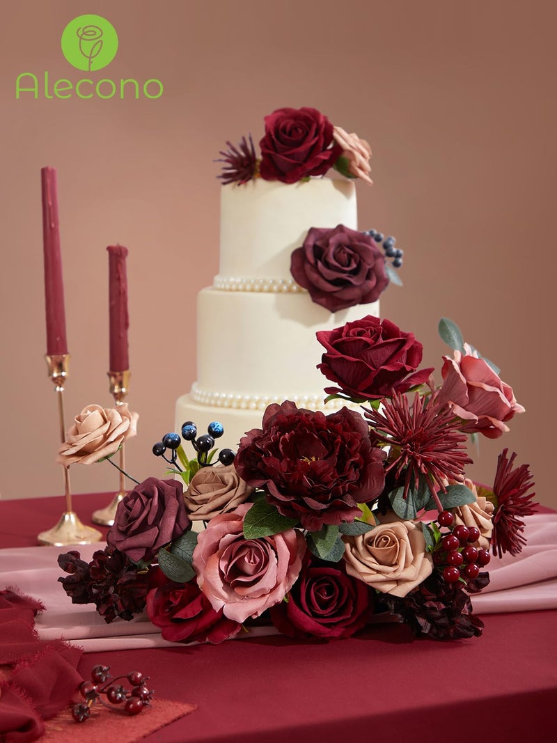Alecono Artificial Flowers  Burgundy Silk Fake Flowers For Diy Wedding Bridal Bouquets  Red Cake Flowers For Wedding Table Centerpieces Birthday Party Home Decorations - Image 4