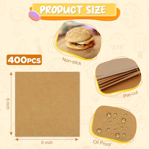 Ninsula 400PCS Patty Paper, 6x6 In Unbleached Parchment Paper Squares, Non-Stick Hamburger Patty Paper for Seperating Burgers, Butter, Cookies, Freezing, Baking and Candy Wrapper - Image 2