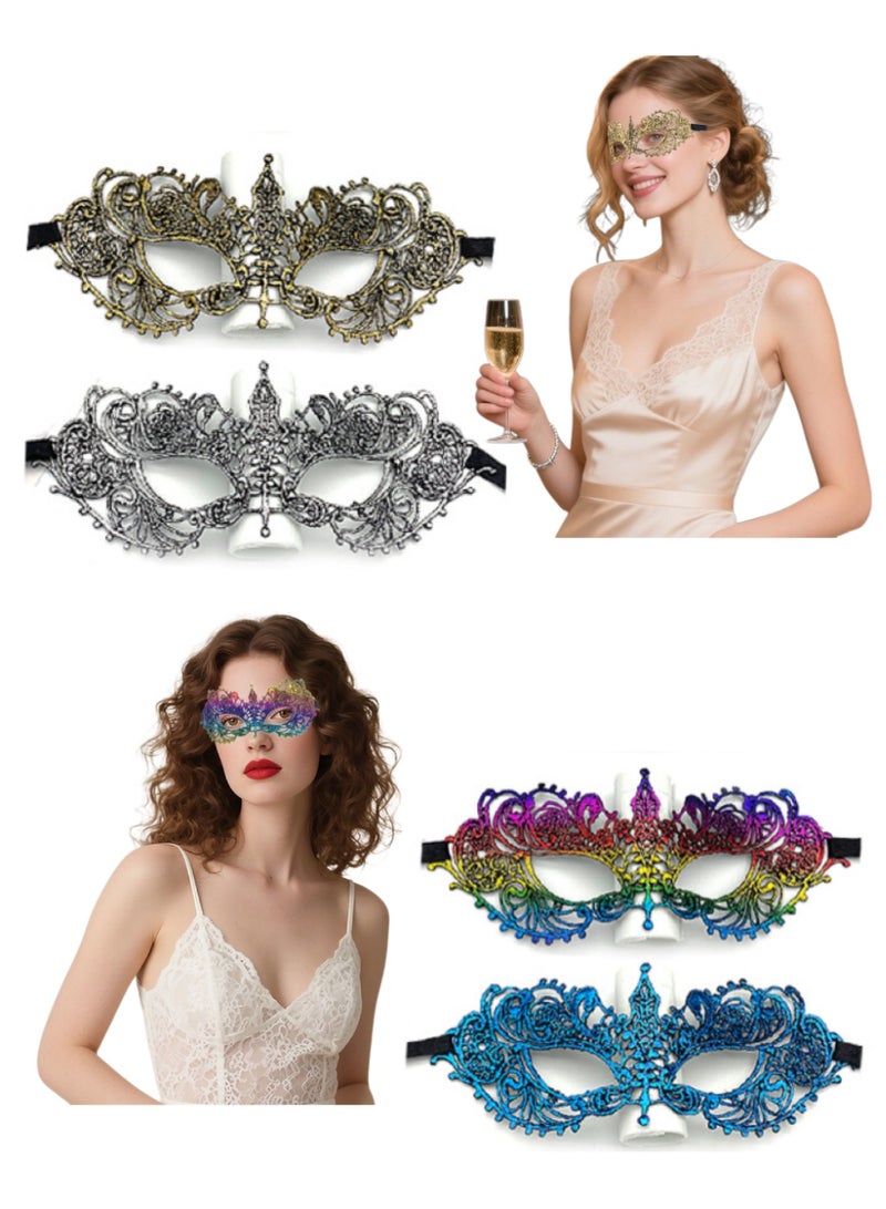 Gold-Foil Mysterious Lace Mask 4-Piece Set (Gold + Silver + Blue + Colorful) - Unshaped Half-Face Eye Mask, Masquerade Halloween Party Prop - Image 1