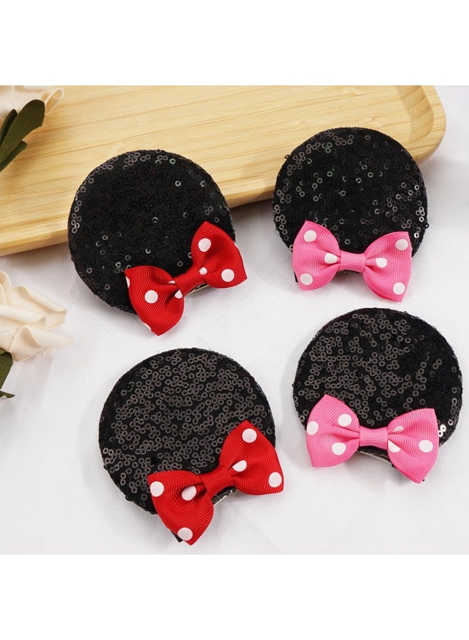Ayesha Yesha Mickey Minnie Ears Hair Clips Mouse Ears For Toddler Girls Sequin Mouse Bows Barrettes Mice Ears Polka Dot Bows Mouse Hair Accessories For Baby Girls Toddler Kids Costume Party 4Pcs  - Image 5