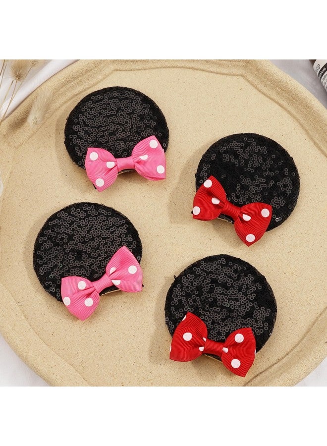 Ayesha Yesha Mickey Minnie Ears Hair Clips Mouse Ears For Toddler Girls Sequin Mouse Bows Barrettes Mice Ears Polka Dot Bows Mouse Hair Accessories For Baby Girls Toddler Kids Costume Party 4Pcs  - Image 3
