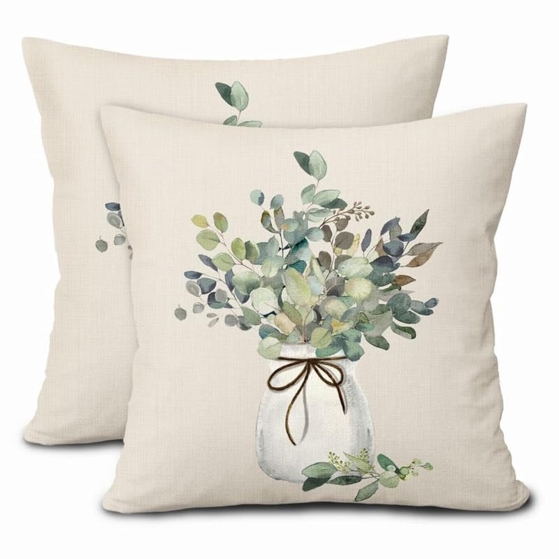 aportt Spring Summer Leaf Pillow Covers 18X18 Inch Watercolor Eucalyptus Leaves Couch Pillow Cases Sage Green Farmhouse Throw Pillows Set of 2 Home Decor for Living Room Bedroom Bed Cushion Outdoor