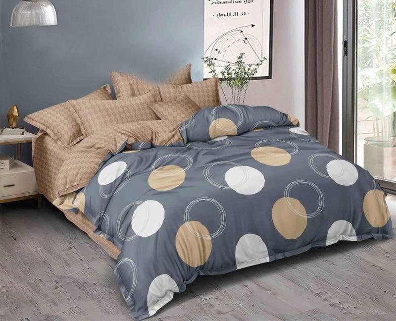 Sky Tex Grey Color 300 TC Glace Cotton 3D Circles Printed Double Bed Comforter Set with Fitted Bed Sheet (1 Comforter, 1 Fitted Bed Sheet & 2 Pillow Covers)