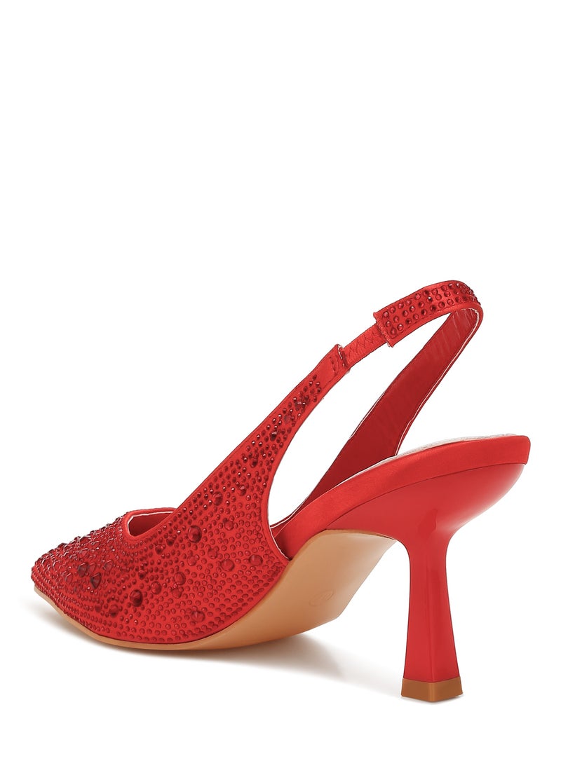 London Rag Luxurious Satin Pearl Slingback Sandals in Red  - Image 3