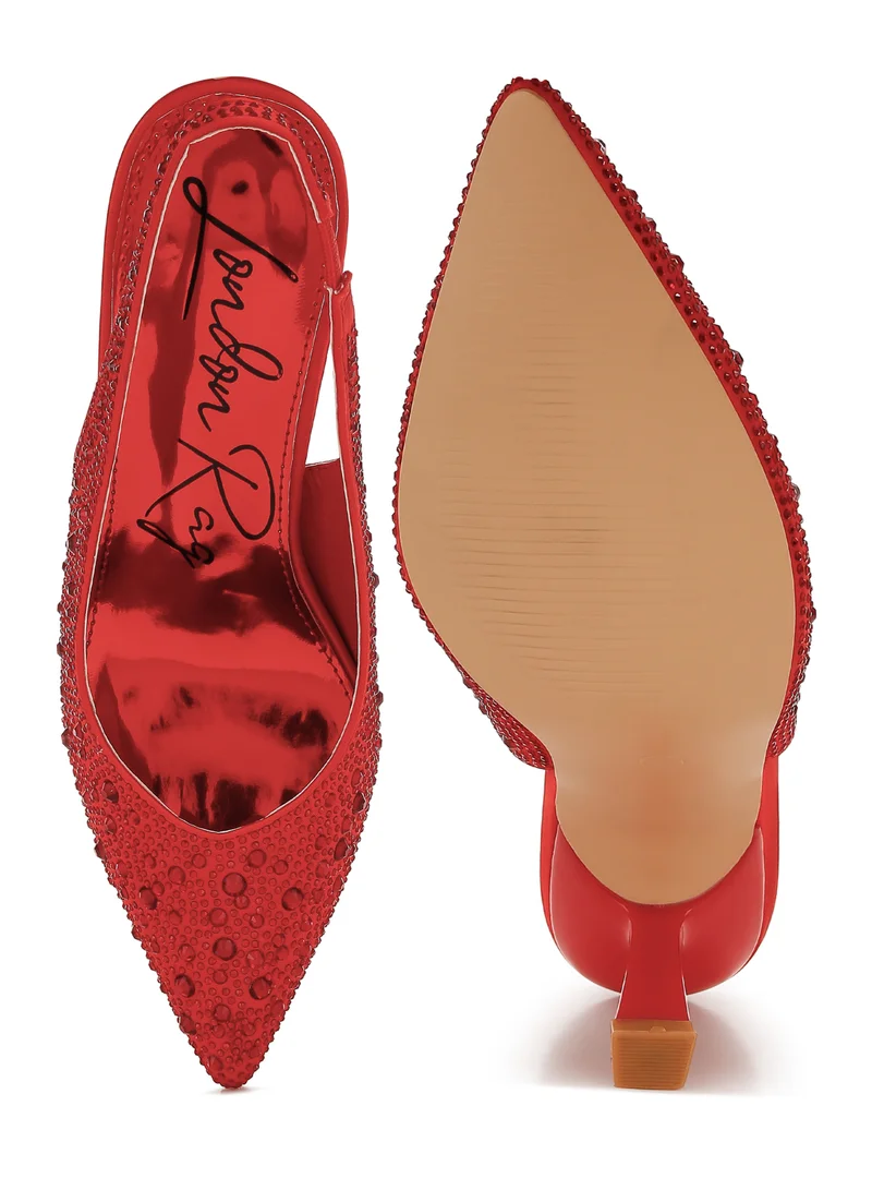 London Rag Luxurious Satin Pearl Slingback Sandals in Red