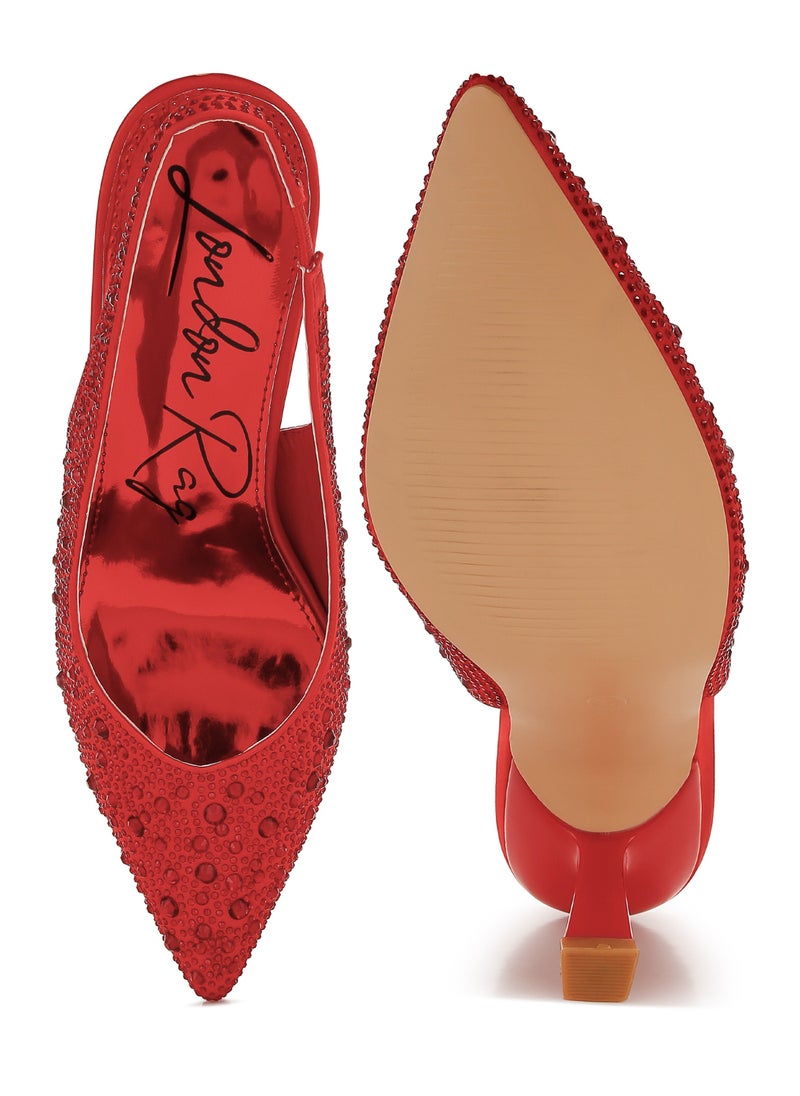 London Rag Luxurious Satin Pearl Slingback Sandals in Red  - Image 4