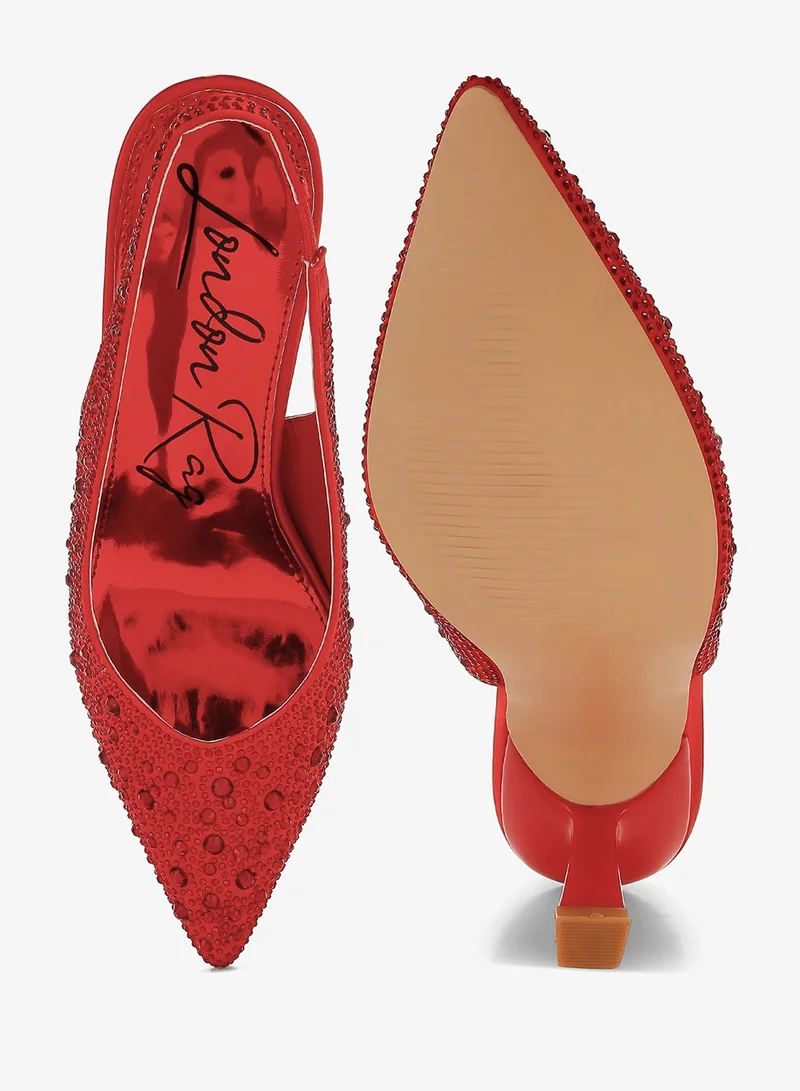London Rag Luxurious Satin Pearl Slingback Sandals in Red