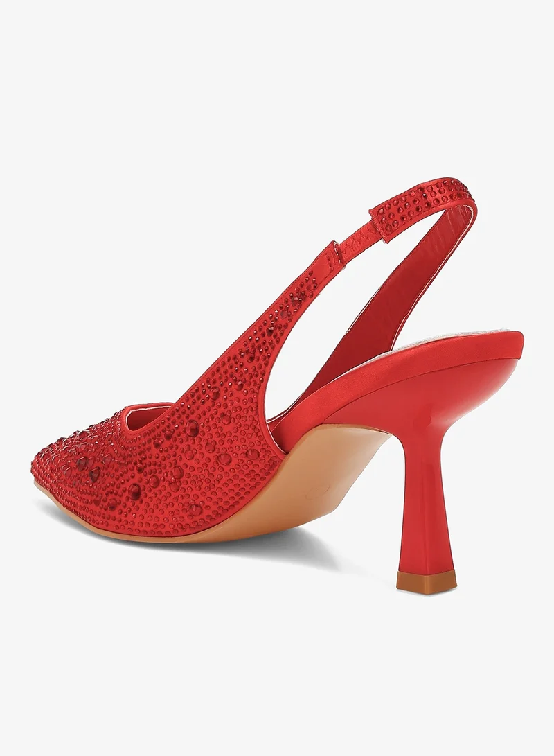 London Rag Luxurious Satin Pearl Slingback Sandals in Red