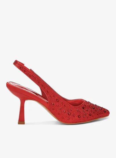 London Rag Luxurious Satin Pearl Slingback Sandals in Red