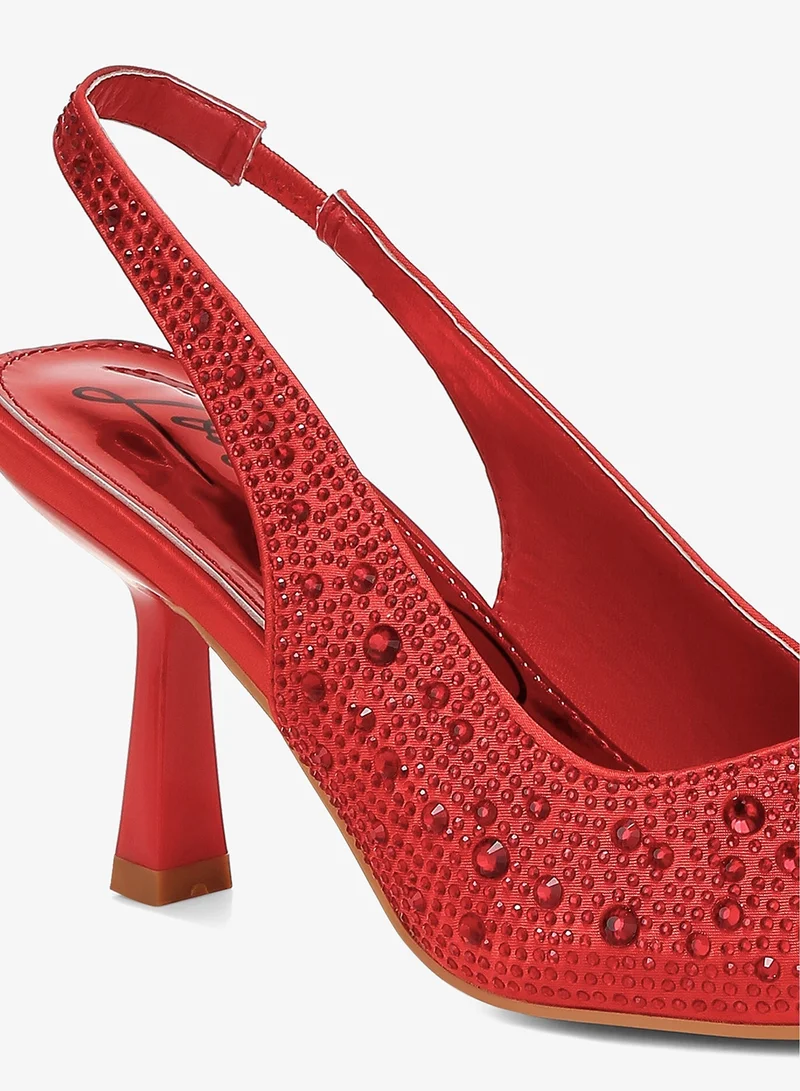 London Rag Luxurious Satin Pearl Slingback Sandals in Red