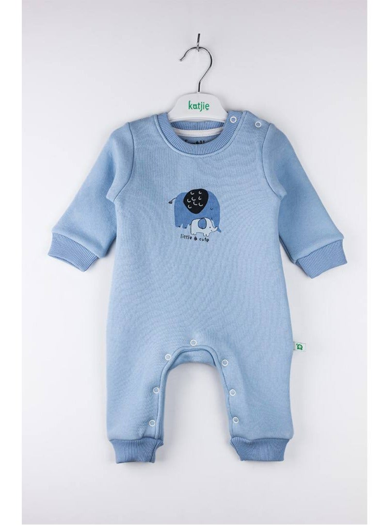 كاتجي رومبير قطني للأطفال، تصميم فيل أزرق فاتح، 100% قطن مصري، أكمام طويلة مع أزرار كبس