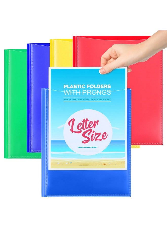 KTRIO Plastic Folders With Clear Front Pocket 4 Pack Folders With Pockets And Prongs Heavy Duty 2 Pocket 3 Prong Folders Letter Size Colored Plastic Folders For School Office 4 Assorted Colors - Image 1