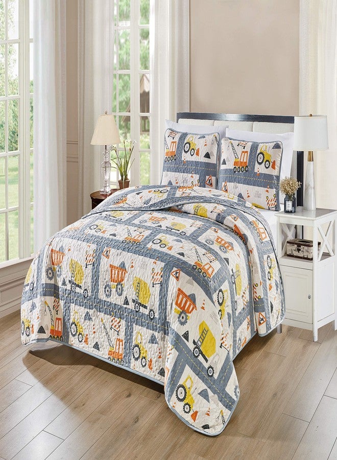 Linen Plus Bedspread Set Kids/Teens Construction Crane Vehicles Work Trucks Cement Tractor Concrete Mixer White Grey Yellow Orange Black New # Orange Crane (Full/Queen) - Image 1