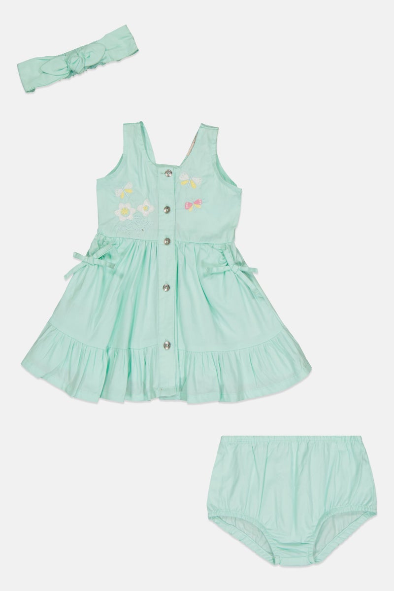 Nanette lepore Toddlers Girl 3 Pieces Embroidered Dress With Panty And Headband, Mint Green - Image 2
