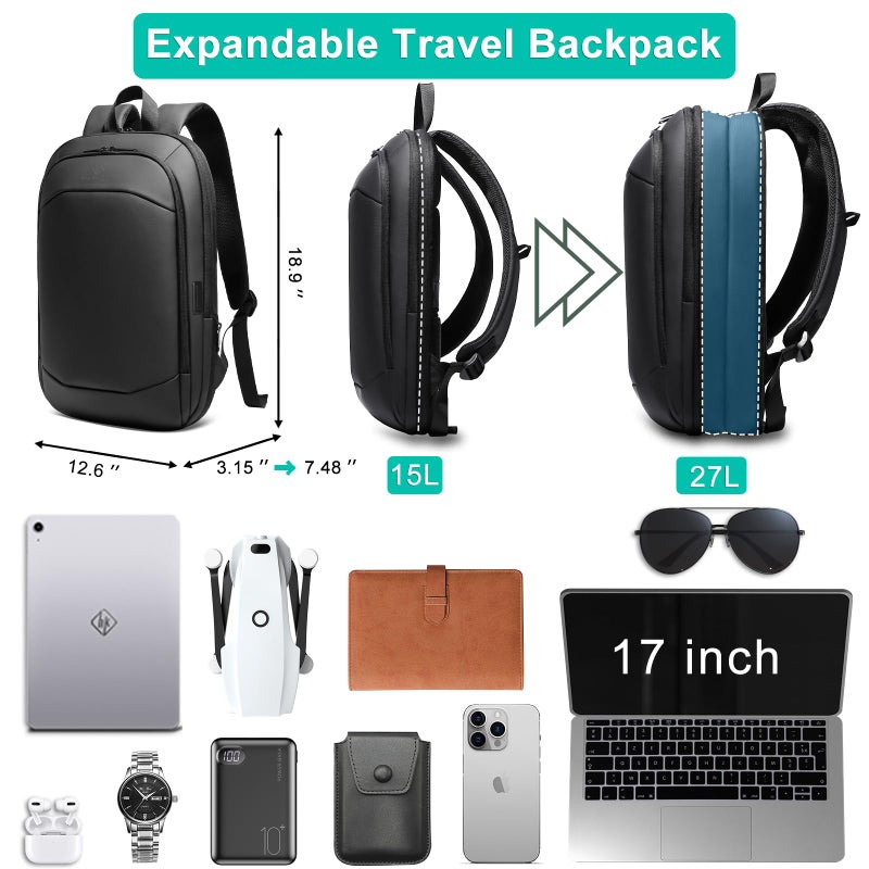 HK Business Backpack for Men 17 Inch,Slim & Expandable Waterproof Travel Laptop Backpack with USB Charger Port,Anti-Theft Lightweight Large Work Computer Bag,College Laptop Backpacks Gifts for Men Women - Image 3