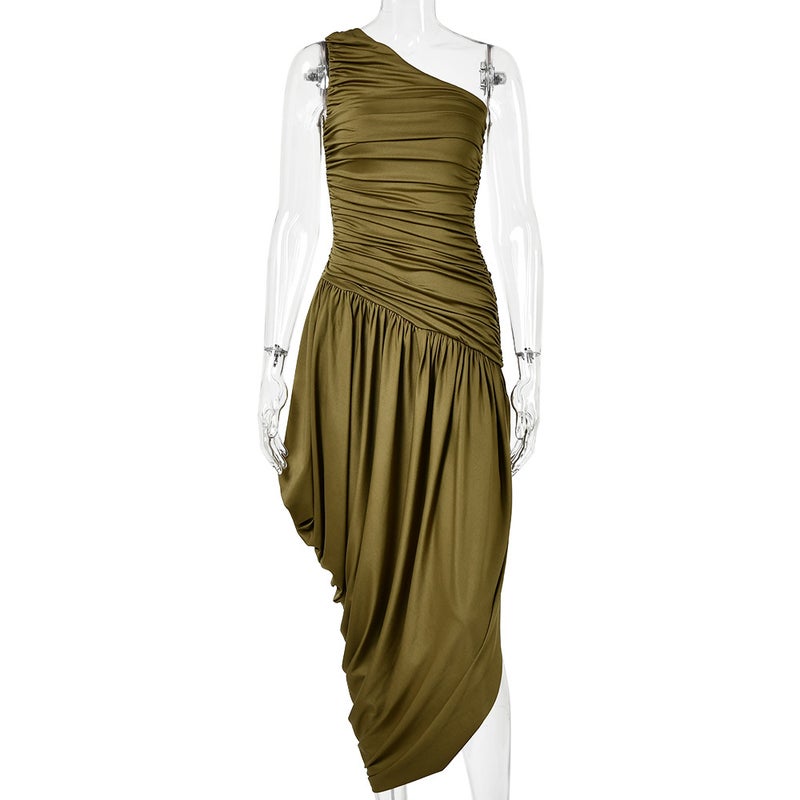 Women's Asymmetric Neckline Pleated High Waist Long Dress - Image 5