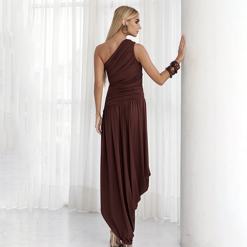 Women's Asymmetric Neckline Pleated High Waist Long Dress - Image 3