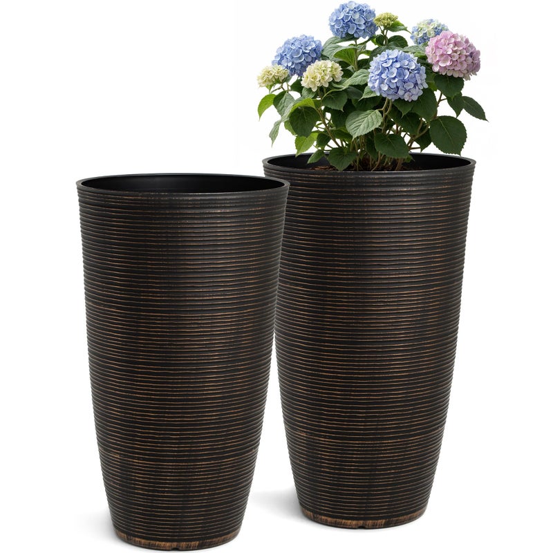 Ultym 23.5"H Tall Pot Planters, 2-Pack Taper Large Flower Pots for Indoor Outdoor Use, UV-Protect PP Plant Container for Garden Patio Yard Balcony Porch or Home Decor, Bronze Vertical Stripes Texture - Image 1