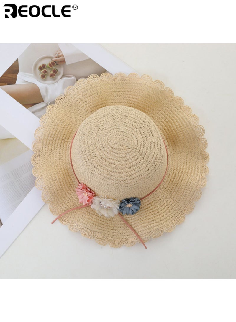 REOCLE 2PCS Girl's Straw Hat and Bag Set with Flower Decor and Lace Trim Design Summer Beach Accessories with Wide Brim for Outdoor Vacation Activities - Image 3