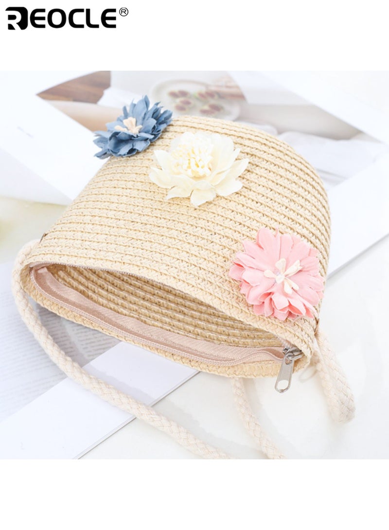 REOCLE 2PCS Girl's Straw Hat and Bag Set with Flower Decor and Lace Trim Design Summer Beach Accessories with Wide Brim for Outdoor Vacation Activities - Image 5