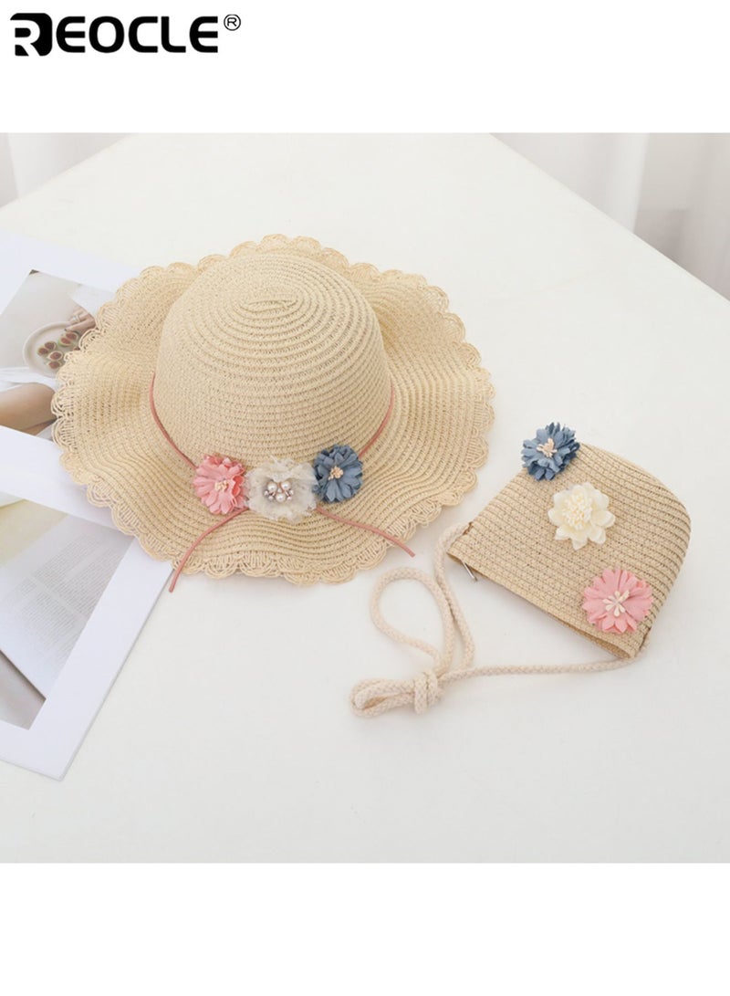 REOCLE 2PCS Girl's Straw Hat and Bag Set with Flower Decor and Lace Trim Design Summer Beach Accessories with Wide Brim for Outdoor Vacation Activities - Image 2