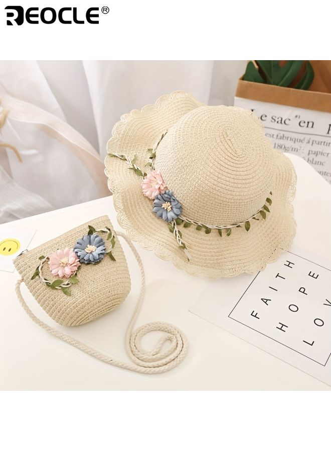 REOCLE 2PCS Girl's Straw Hat and Bag Set with Flower Decor and Lace Trim Design Summer Beach Accessories with Wide Brim for Outdoor Vacation Activities - Image 1