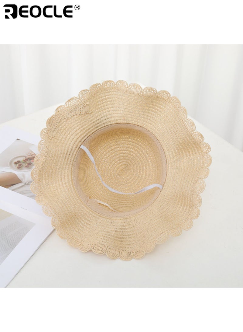 REOCLE 2PCS Girl's Straw Hat and Bag Set with Flower Decor and Lace Trim Design Summer Beach Accessories with Wide Brim for Outdoor Vacation Activities - Image 4