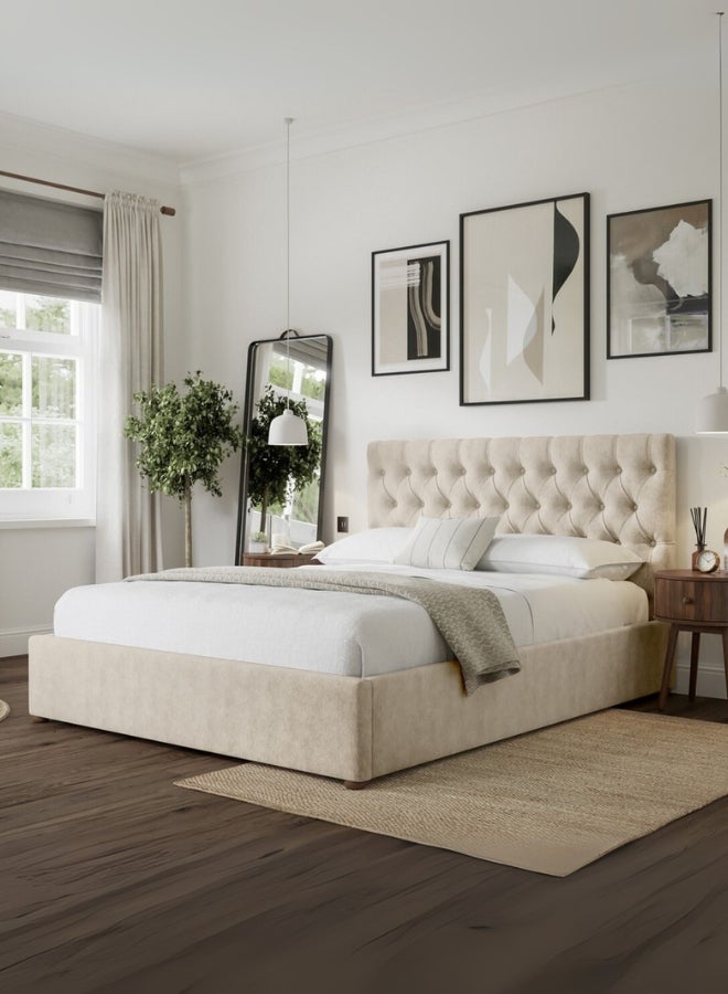 Venice Comfort Tufted Upholstered Queen Size ( Mattress Size 150 X 190 CM ) Beige Color Bed Size 202 W X 158 L CM ( Mattress Sold Separately )