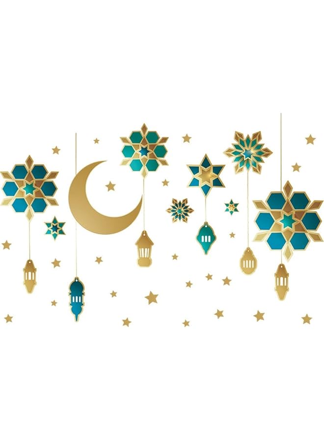 إيروريكس ملصقات حائط على شكل نجمة وقمر وفوانيس رمضان مبارك ومستلزمات الحفلات والديكورات الإسلامية والسعادة الإسلامية والفطر الكريم وديكور المنزل وحفلات الزفاف وأعياد الميلاد والديكور الإسلامي باللون الأزرق والذهبي - Image 2