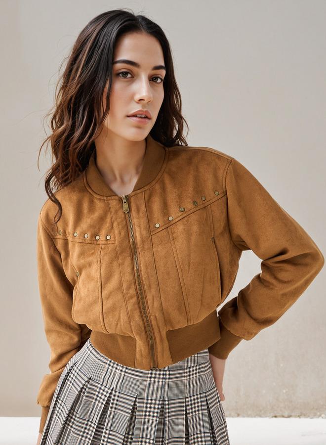 Lee Cooper Cropped Bomber Jacket with Stud Embellishments - Image 1