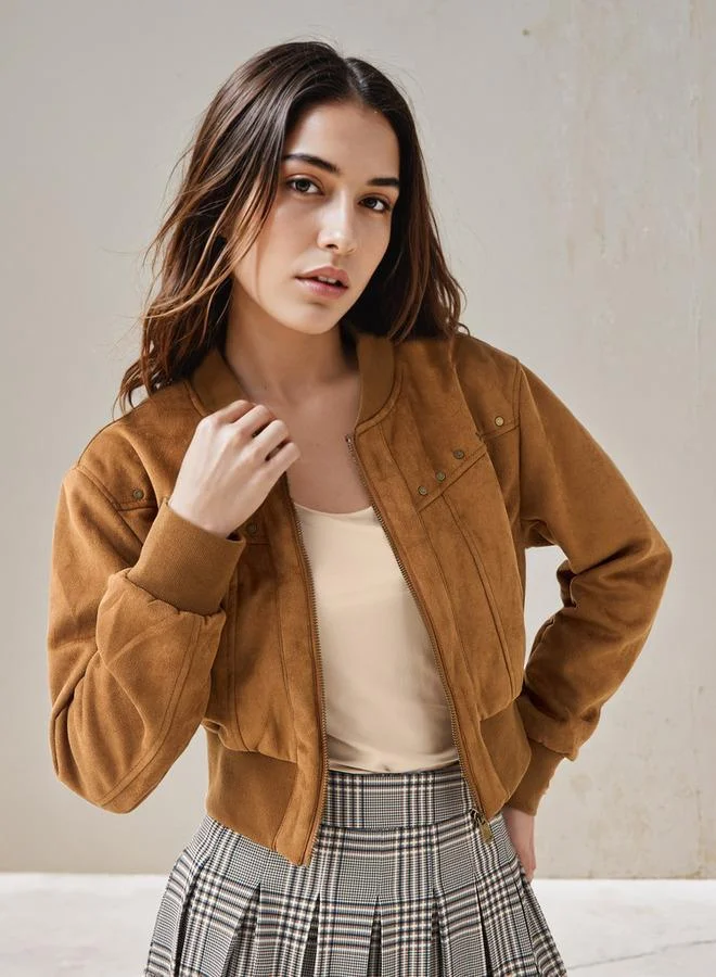Lee Cooper  Lee Cooper Cropped Bomber Jacket with Stud Embellishments for Women | Best Price UAE