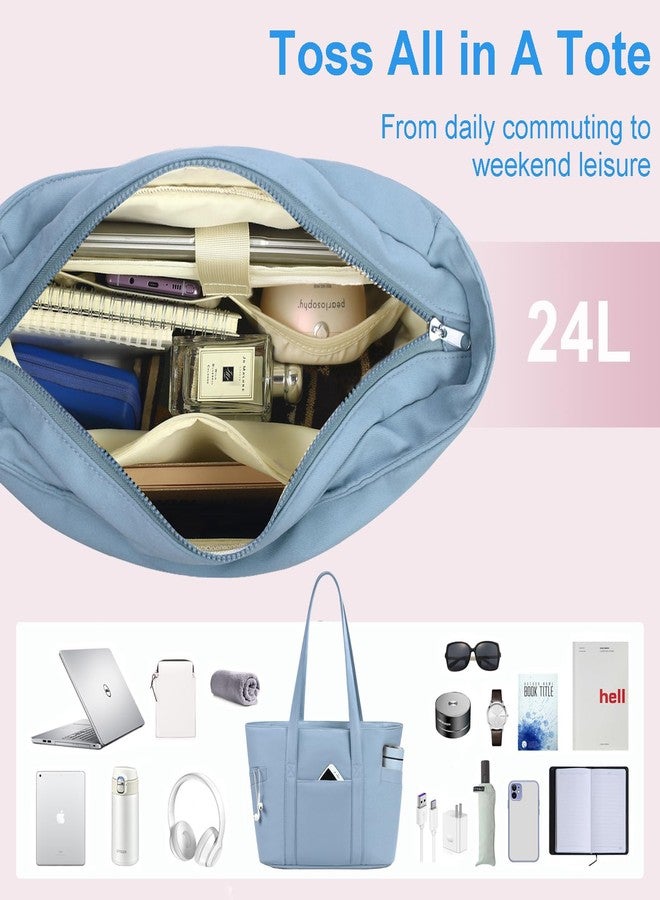 CTWWFS Tote Bag for Women, Travel Essentials Large Tote Bag with Zipper, Top Handle Handbag for Travel, Work (Blue) - Image 2