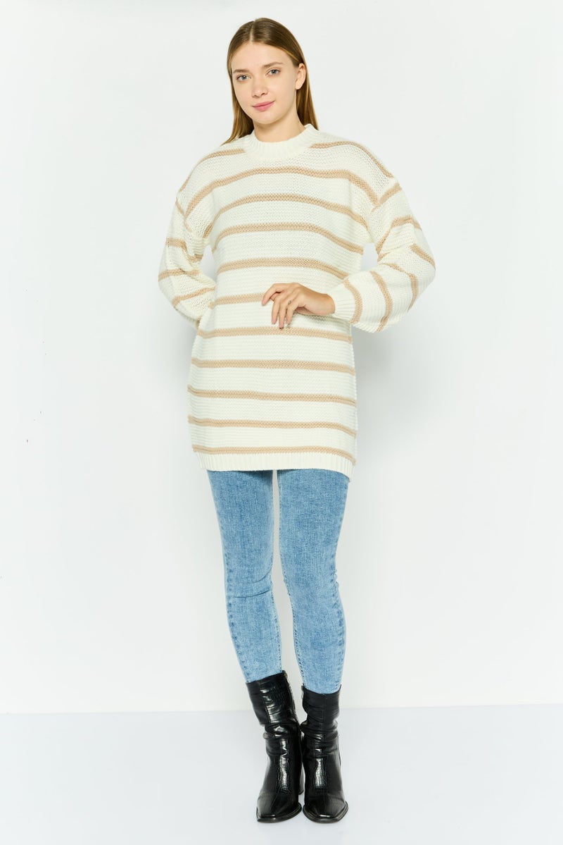 In the style Women Crew Neck Striped Sweater, Cream - Image 2