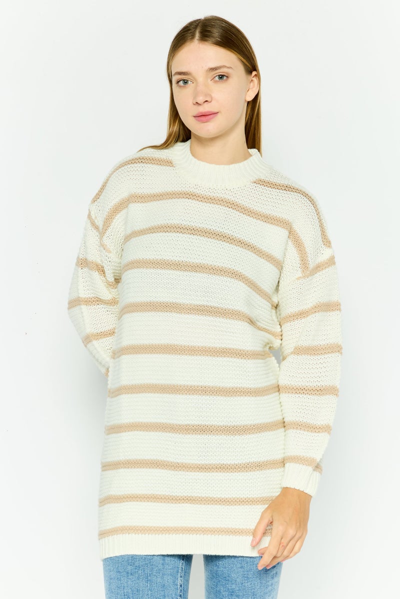 In the style Women Crew Neck Striped Sweater, Cream - Image 1