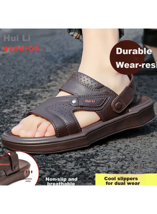 Pull Back Warrior Men's Dual-use Anti-slip Quick-drying Lightweight Indoor And Outdoor Casual Beach Breathable Cool Slippers Hl02206 Brown Size 39 - Image 1